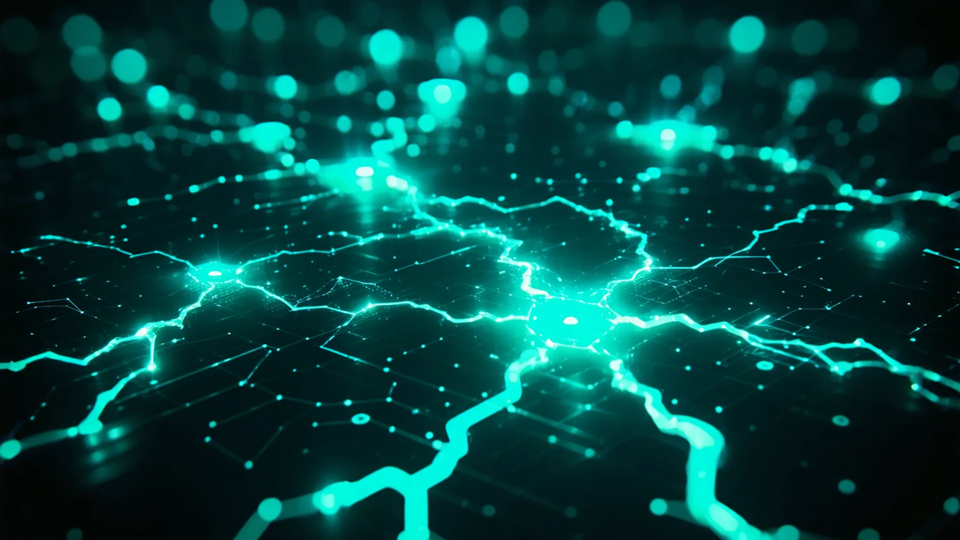 Abstract electrical grid topology visualization with glowing cyan energy flow lines on dark background